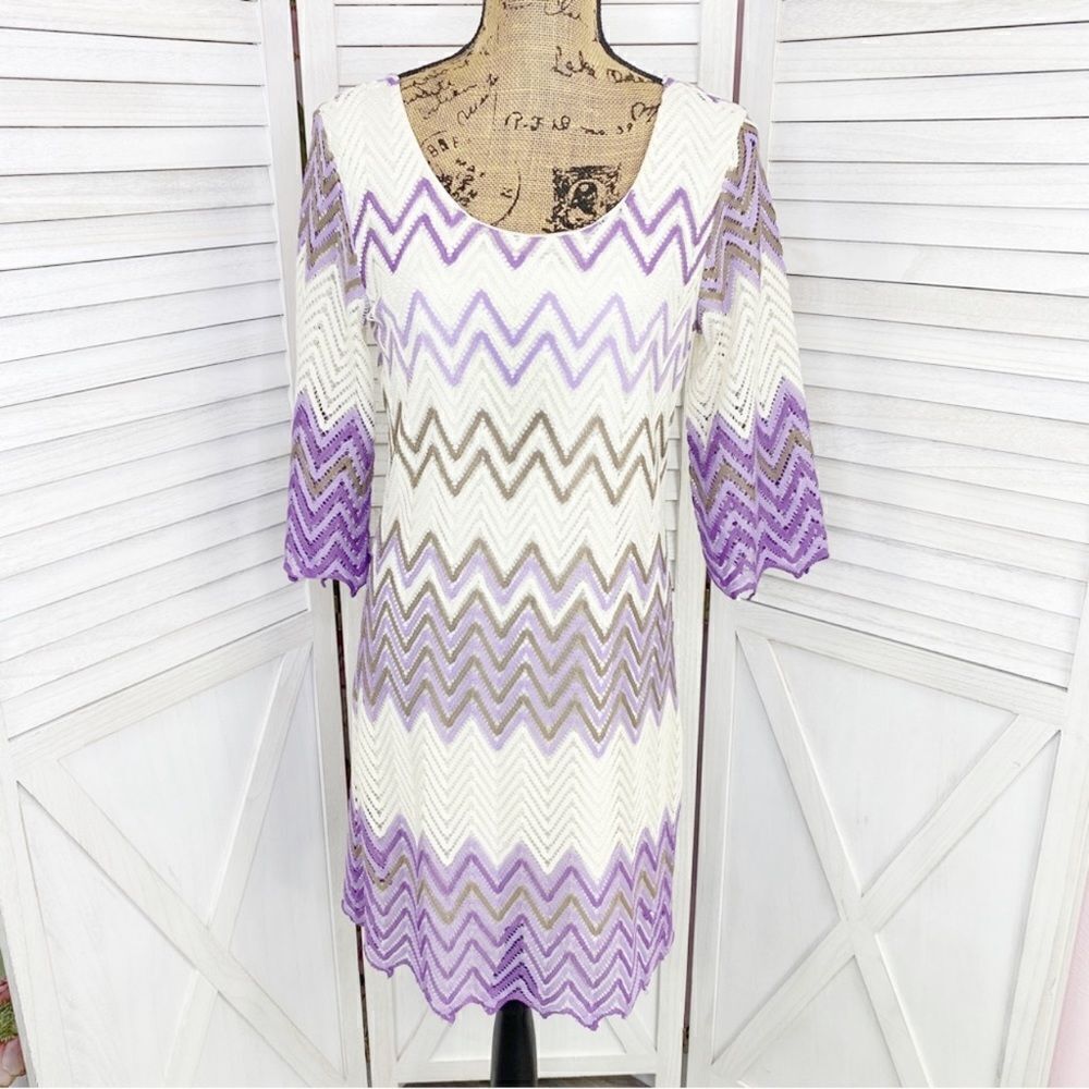 Incoh of LA Crochet‎ Chevron Stripe Sheath Dress Purple White Petite Medium